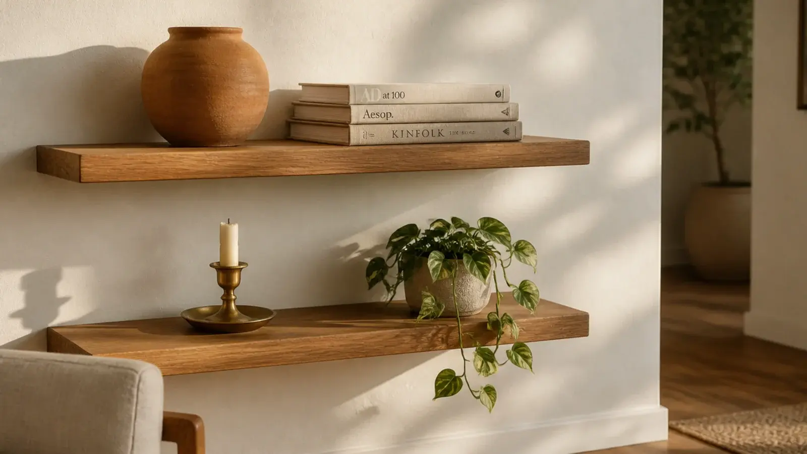 warm oak floating shelves on a cream wall styled with pottery and books