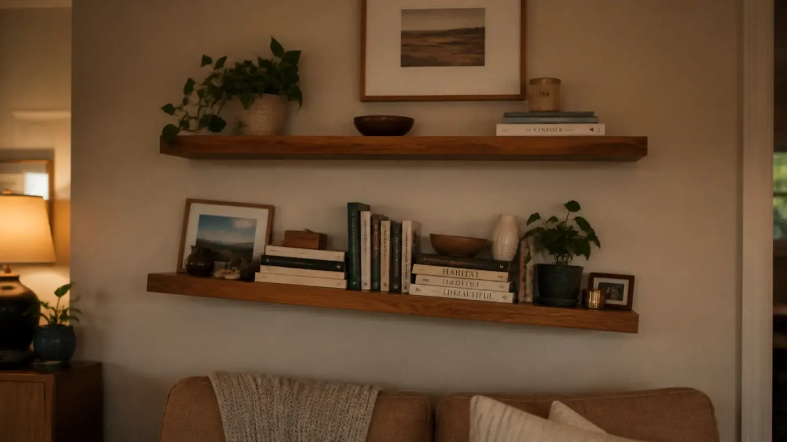 wall of floating shelves showing common floating shelf mistakes being corrected