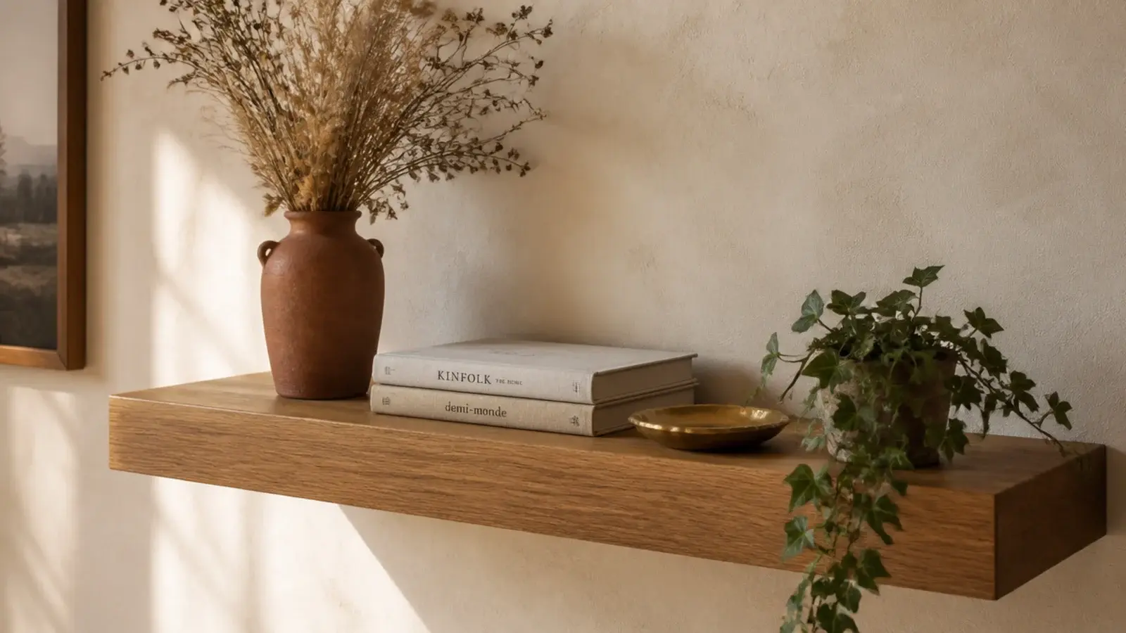 floating shelf styling with stoneware brass and a trailing plant on oak