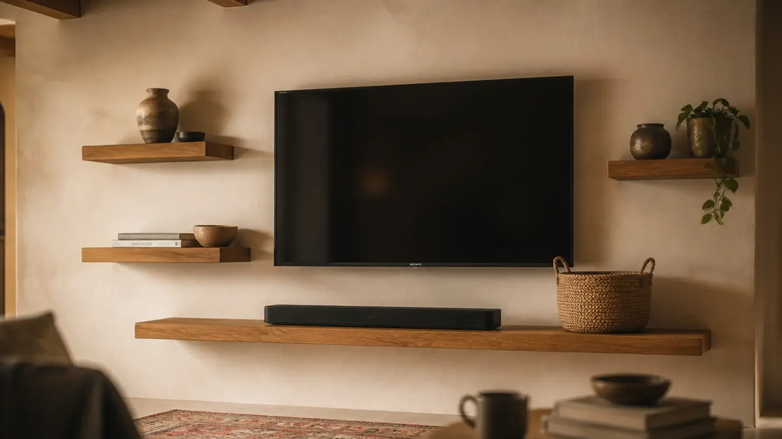 floating shelves arranged around a wall mounted tv in a warm living room