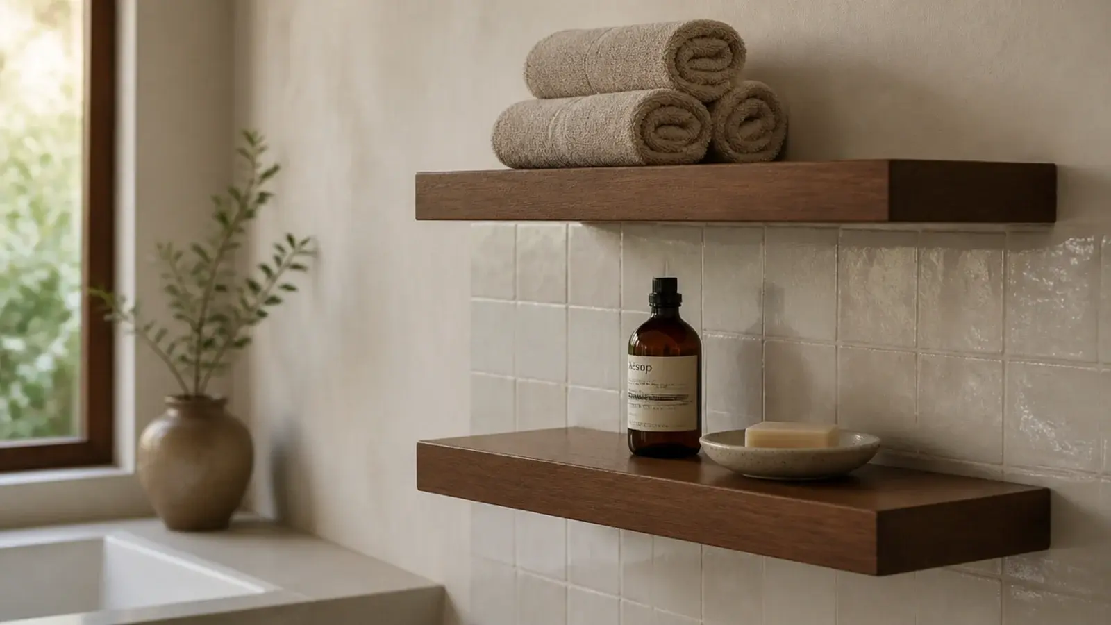 sealed teak floating shelves in a bathroom holding rolled towels and bottles