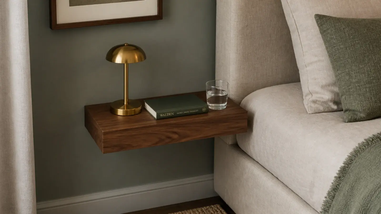 small floating shelf beside a bed at mattress height with a lamp