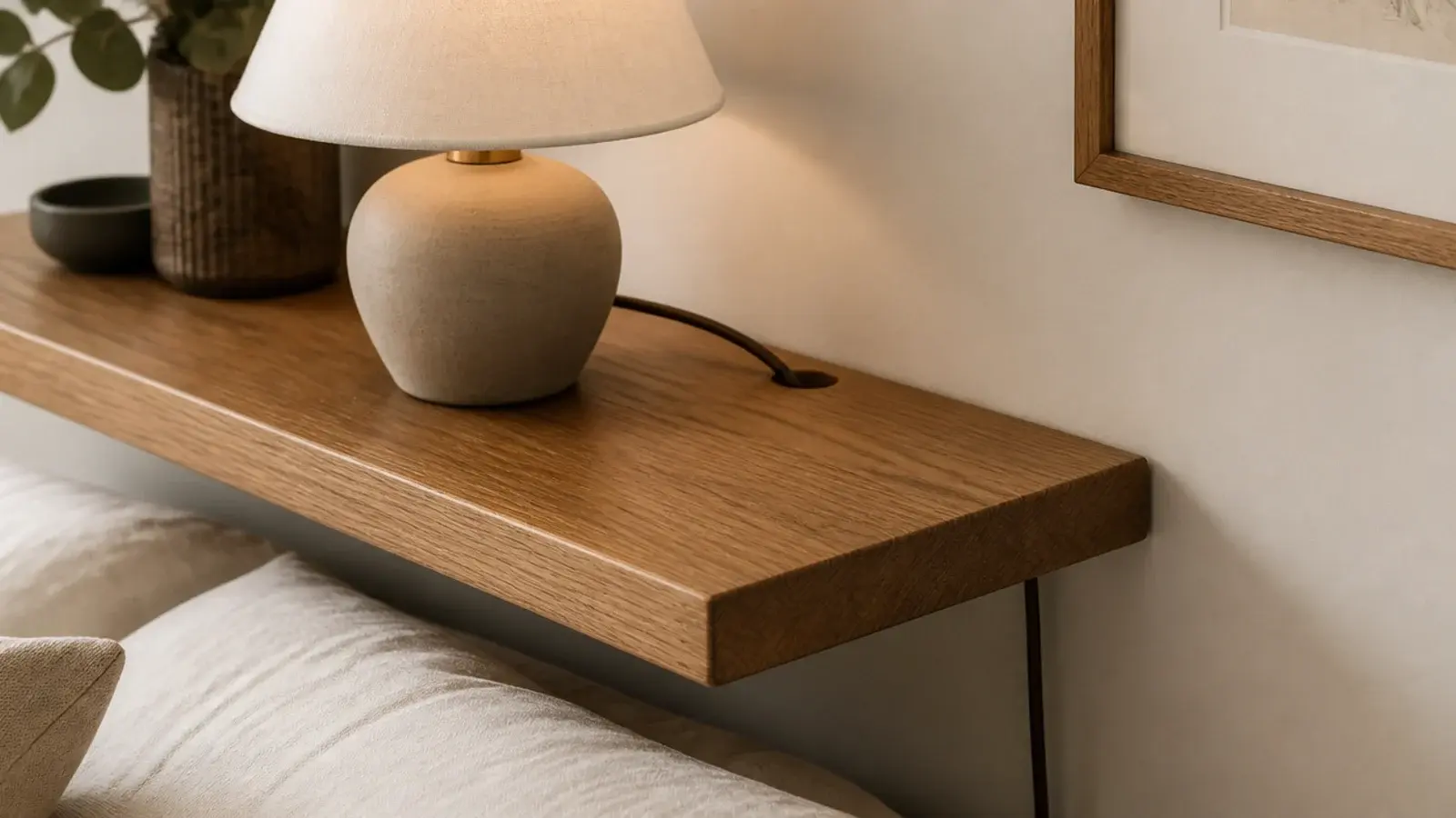 floating bedside shelf with a lamp cable running through a neat hole