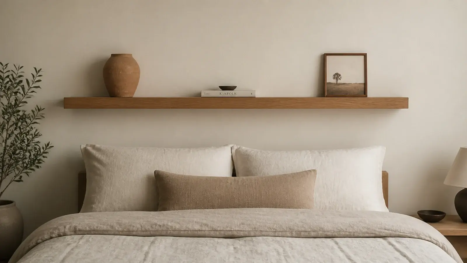 long floating shelf matching the width of a bed on the wall above