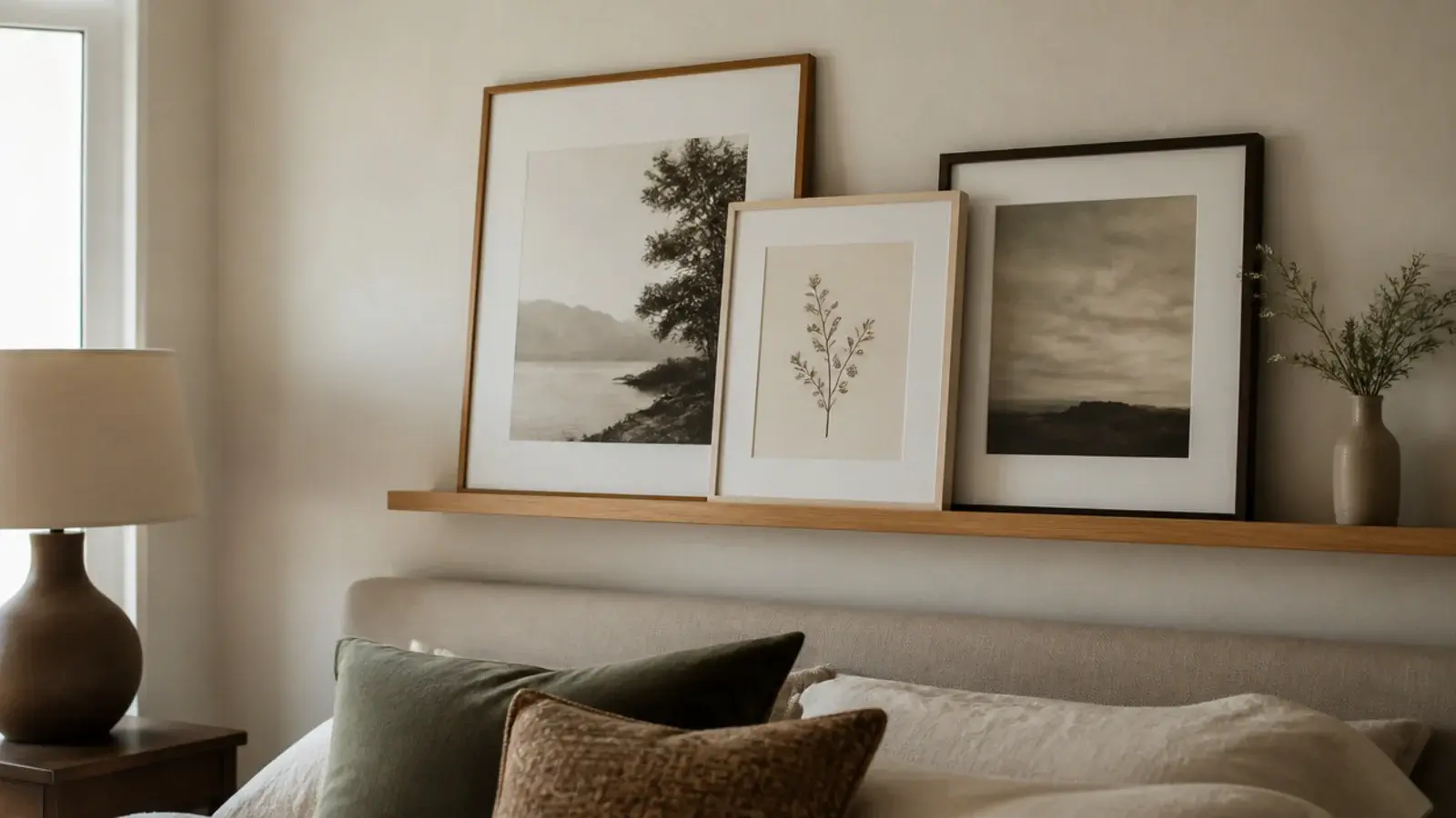 floating picture ledge above a bed holding leaning framed prints