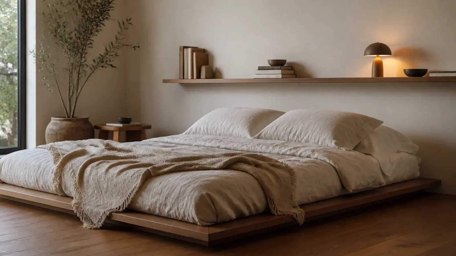 floating shelf acting as a headboard substitute above a low bed
