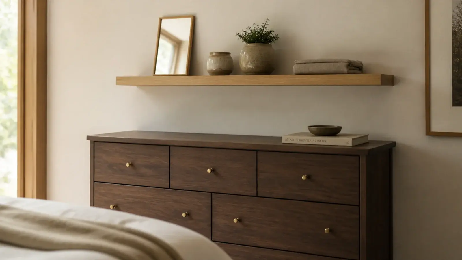 floating shelf mounted above a bedroom dresser holding a mirror and pots