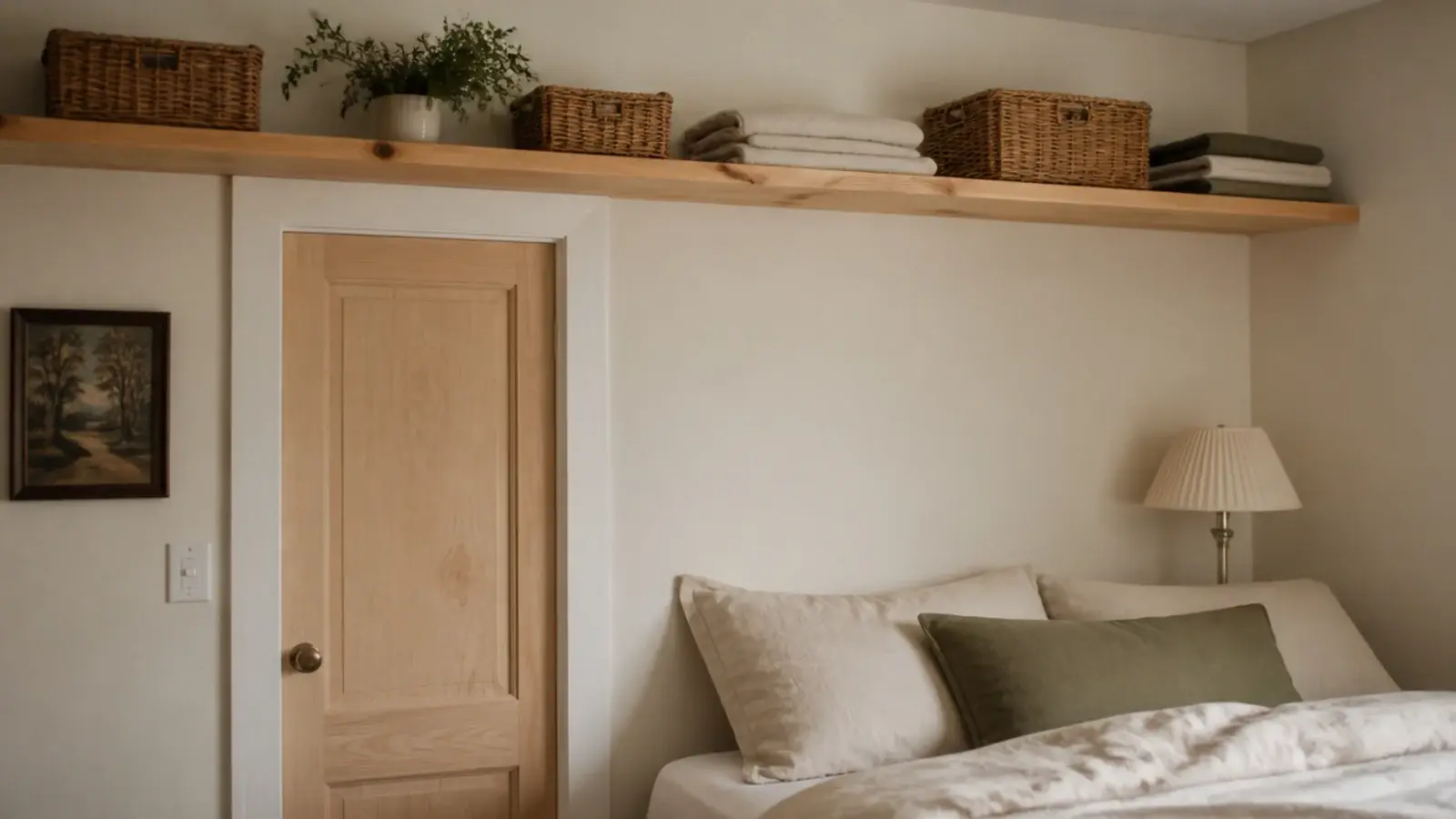 high floating shelf running at door height around a small bedroom