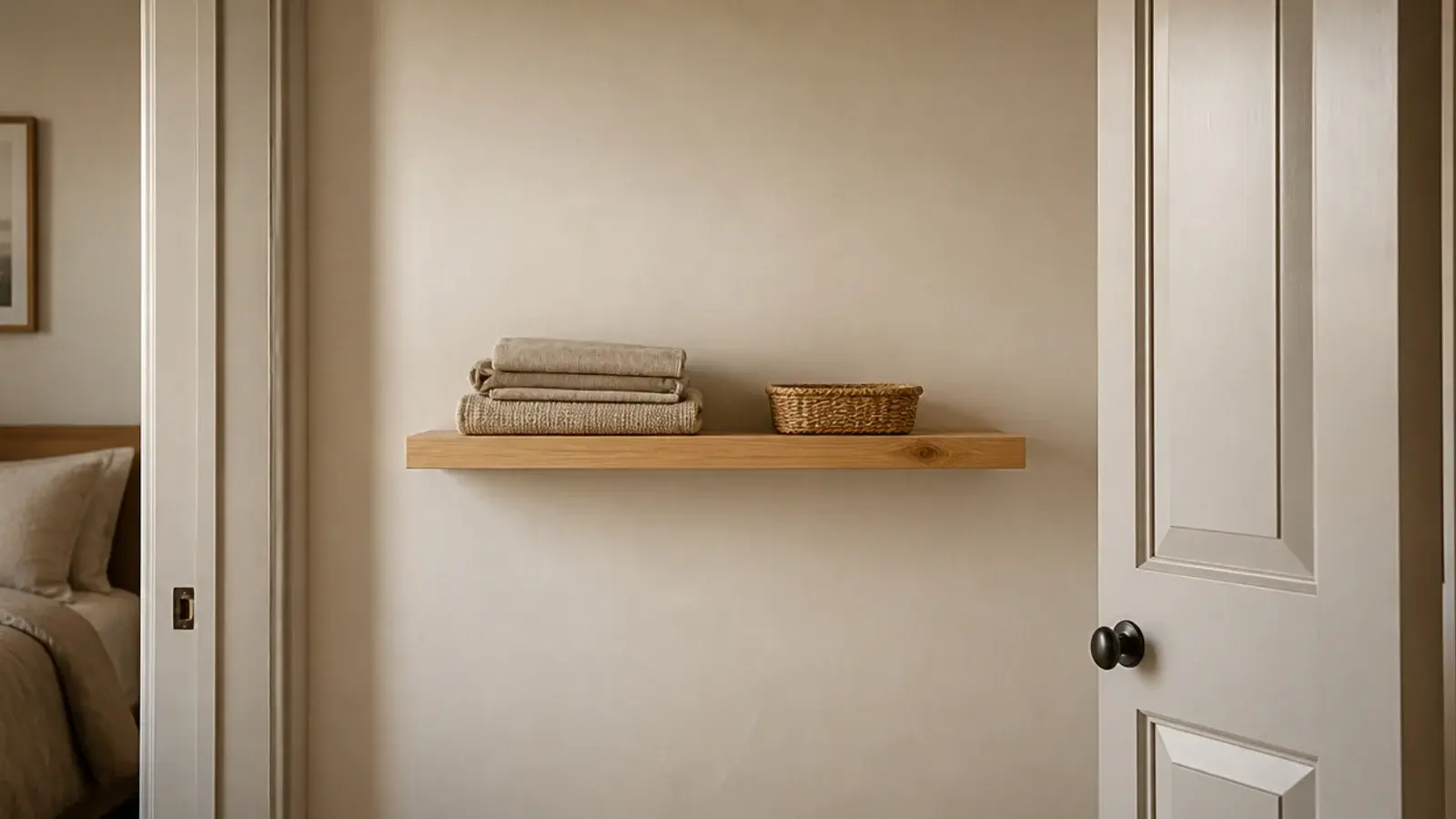 narrow floating shelf tucked on the wall behind an open bedroom door