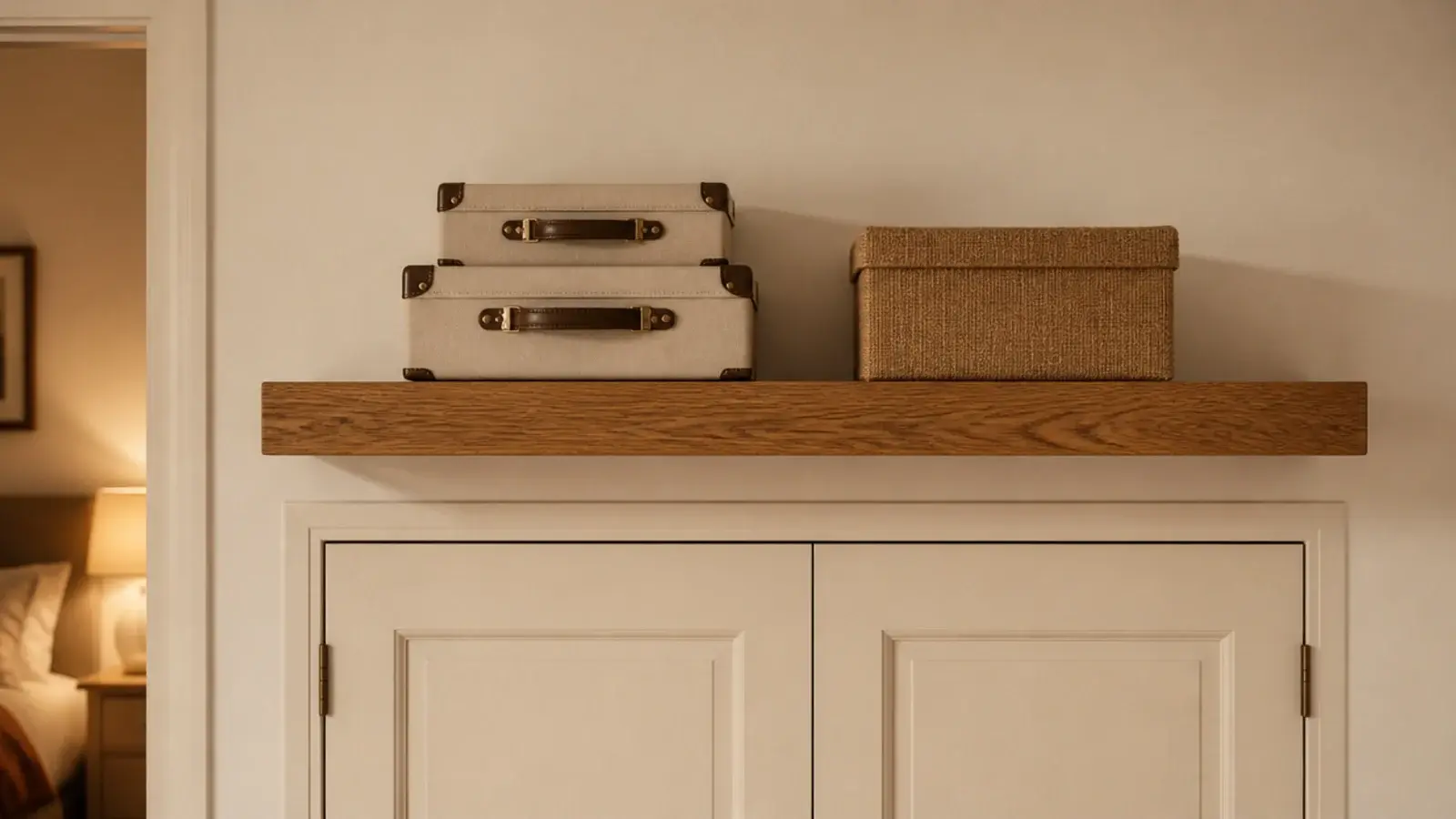 high floating shelf above a closet door holding suitcases and boxes