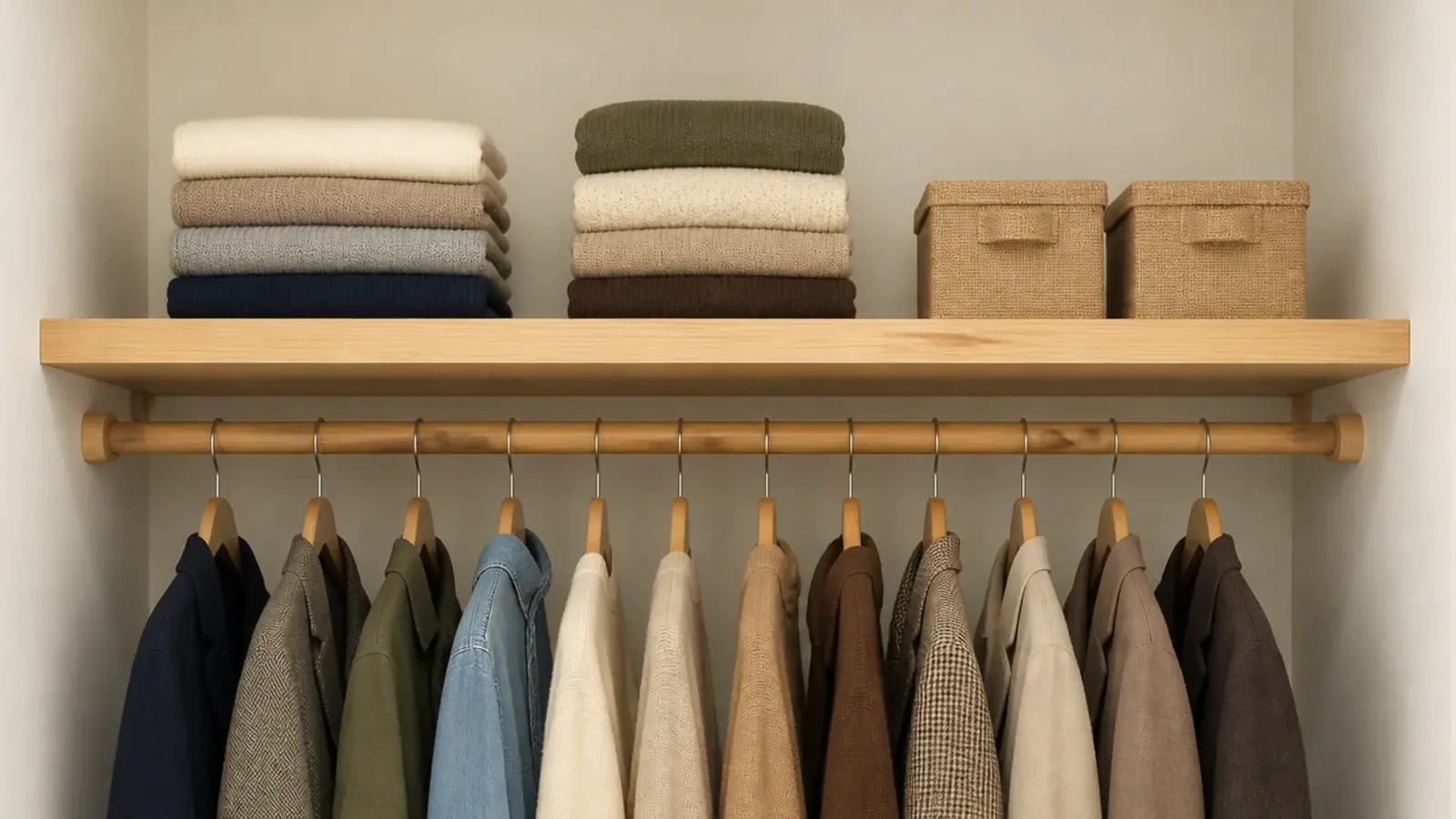 floating shelf fitted above a closet hanging rail holding folded knits