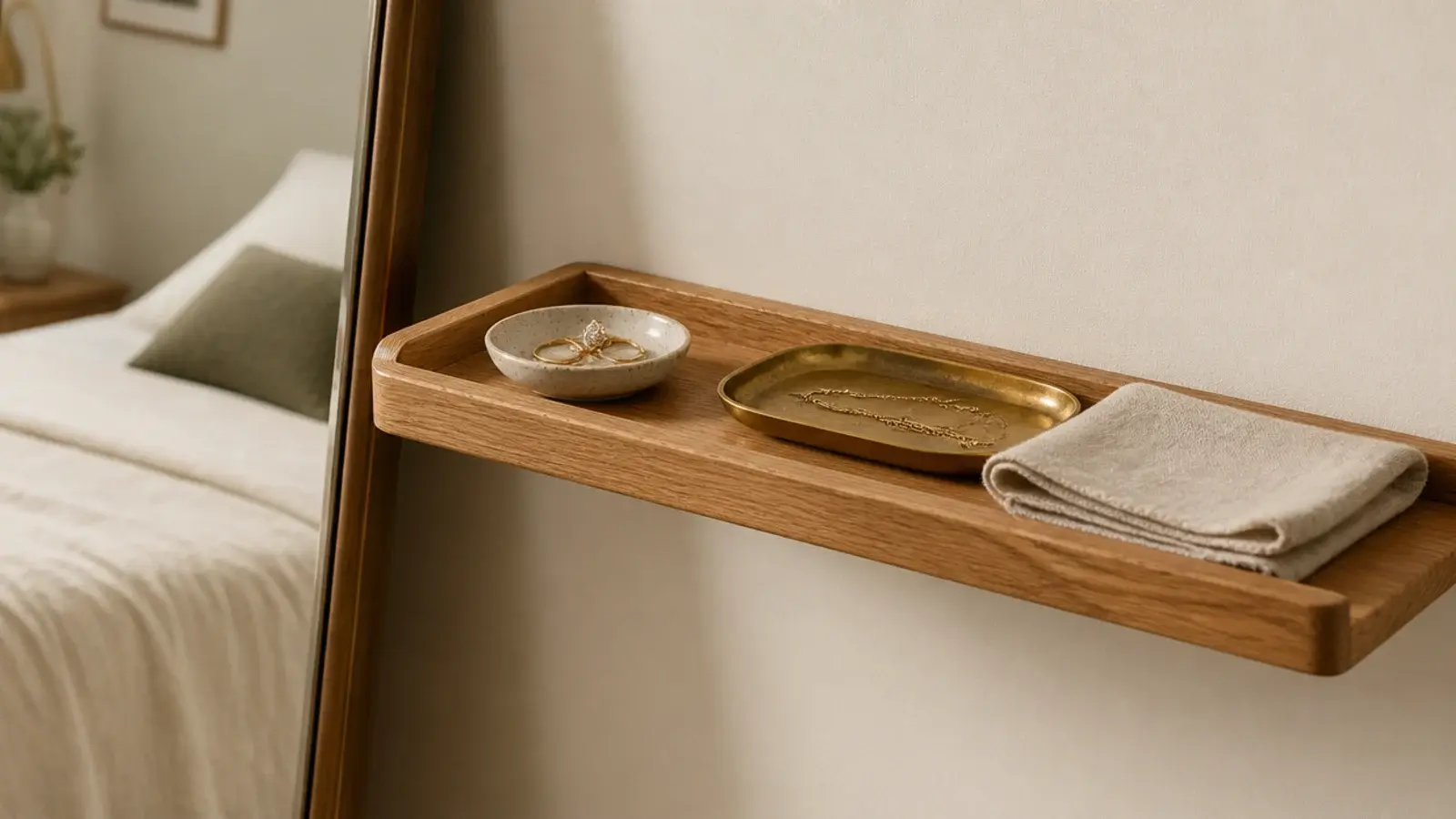 small lipped floating shelf beside a bedroom mirror holding jewelry