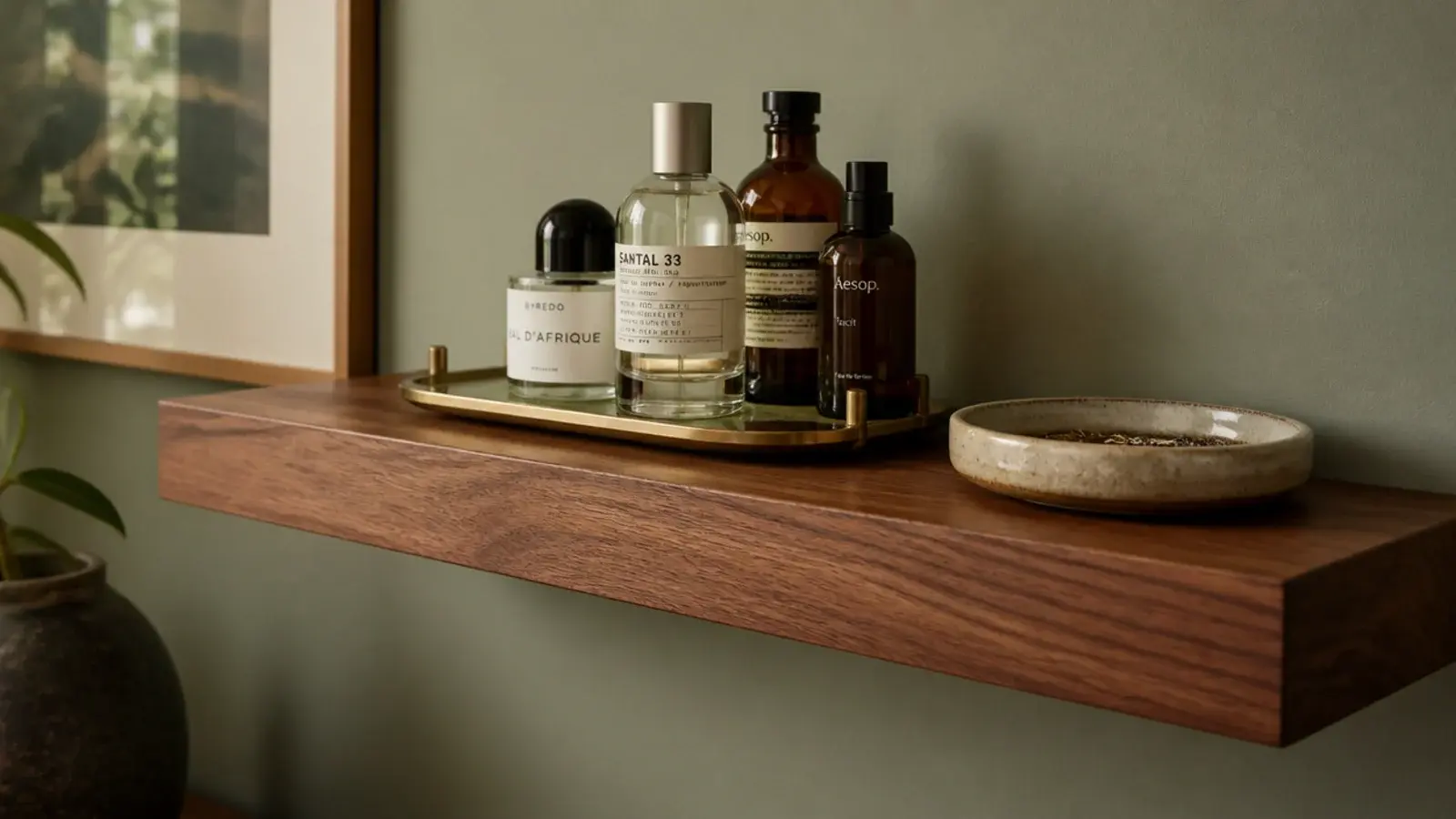 floating shelf at chest height holding glass perfume bottles and a dish