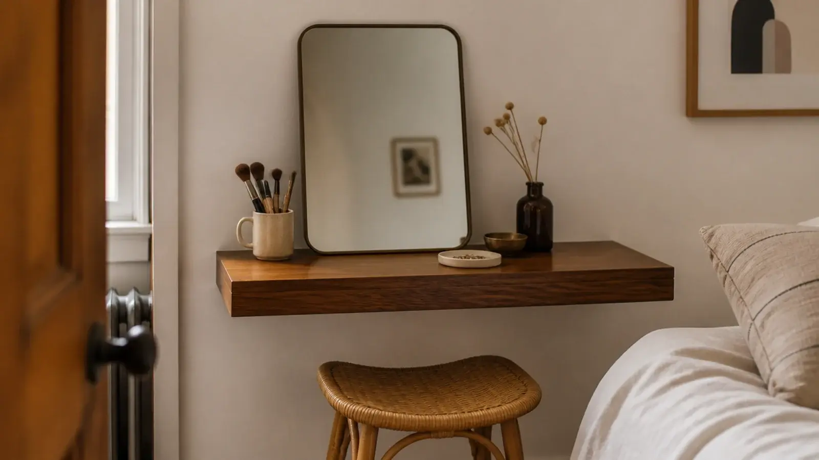 floating shelf at desk height used as a compact bedroom dressing table