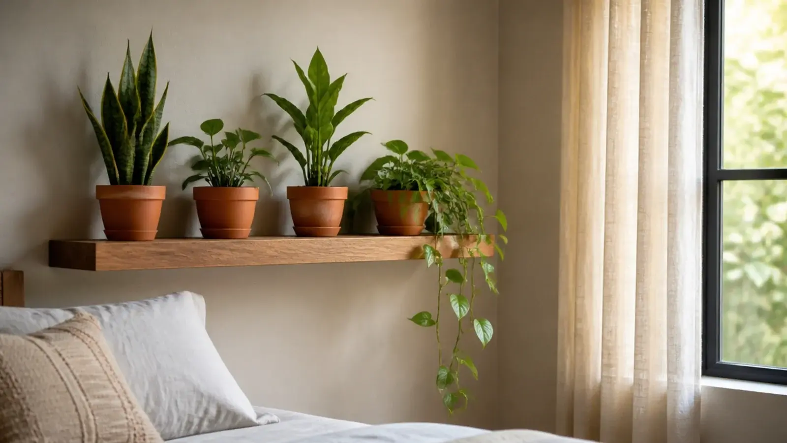 floating shelf of small potted plants on a bright bedroom window wall