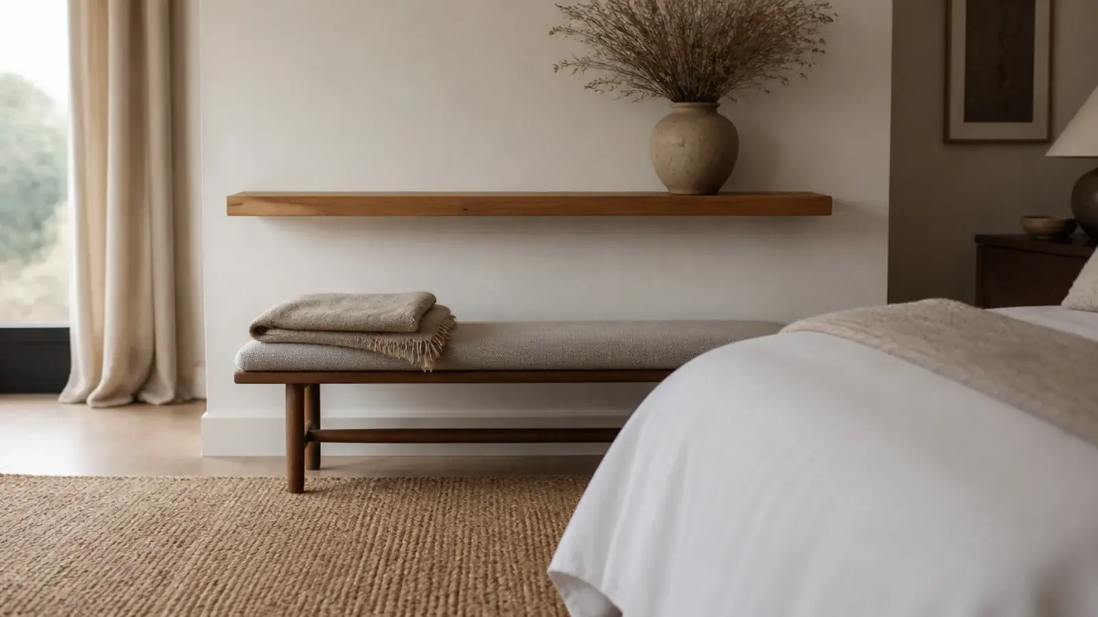 floating shelf above a linen bench at the foot of a bed