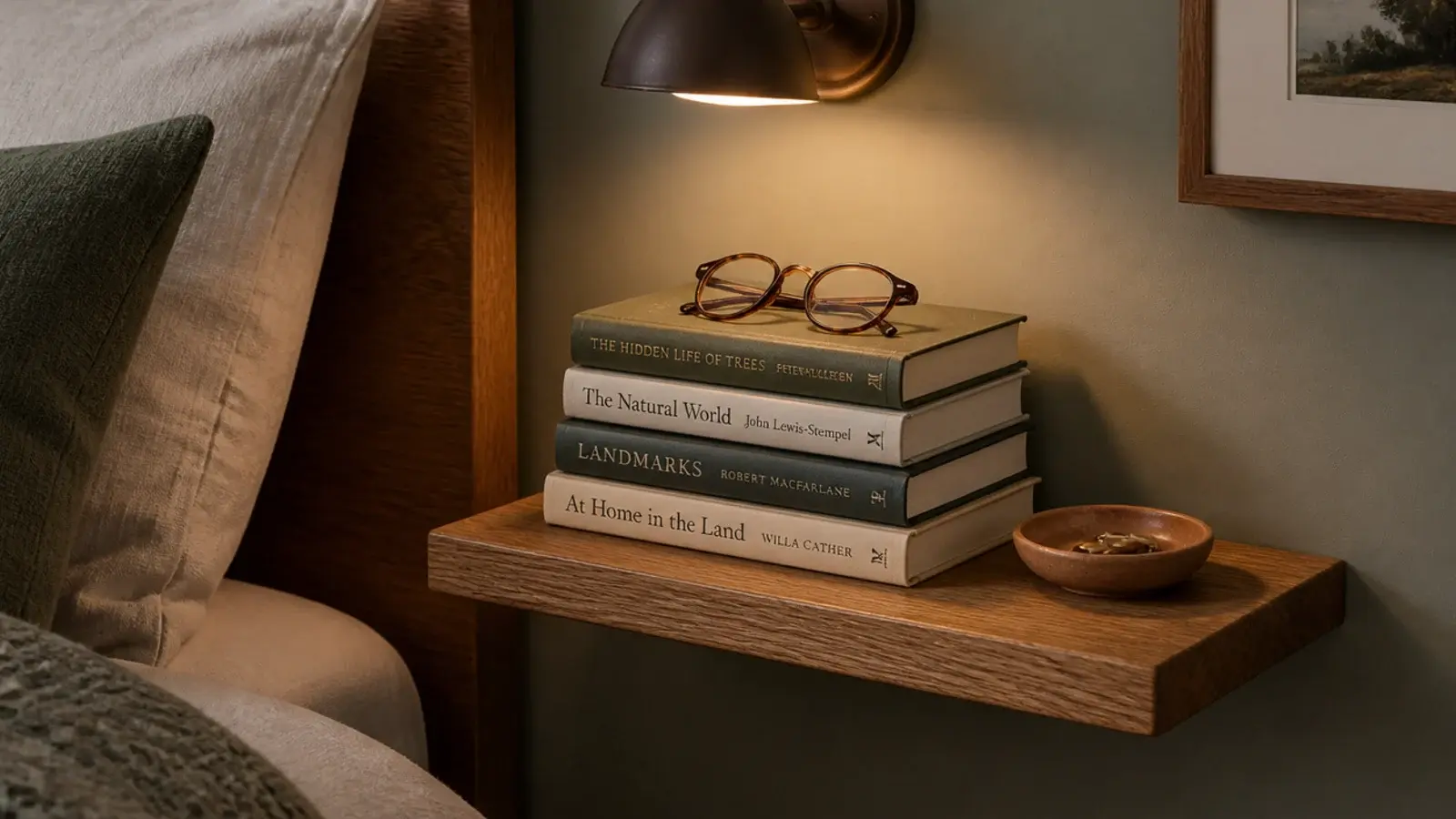 small floating shelf holding a short stack of books being read