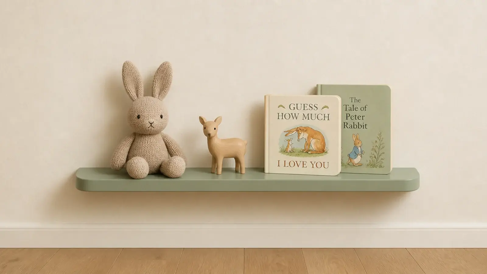 low sage painted floating shelf in a nursery with rounded soft edges