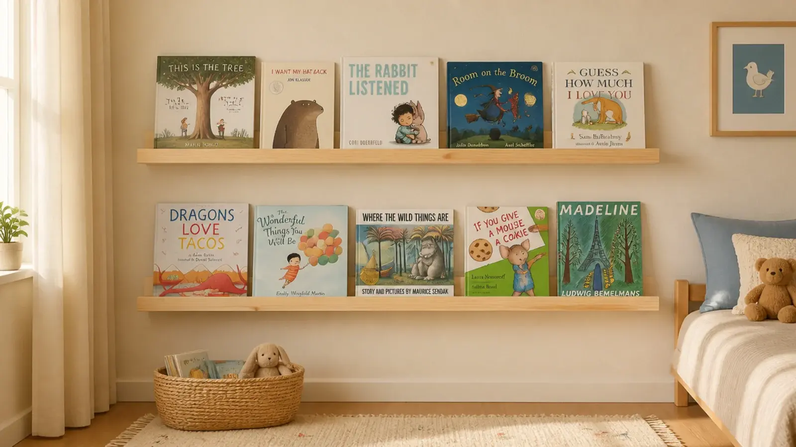 shallow floating ledges holding forward facing picture books for a child