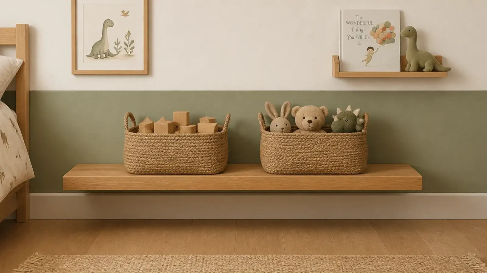 low floating shelf holding open woven baskets of toys in a child room