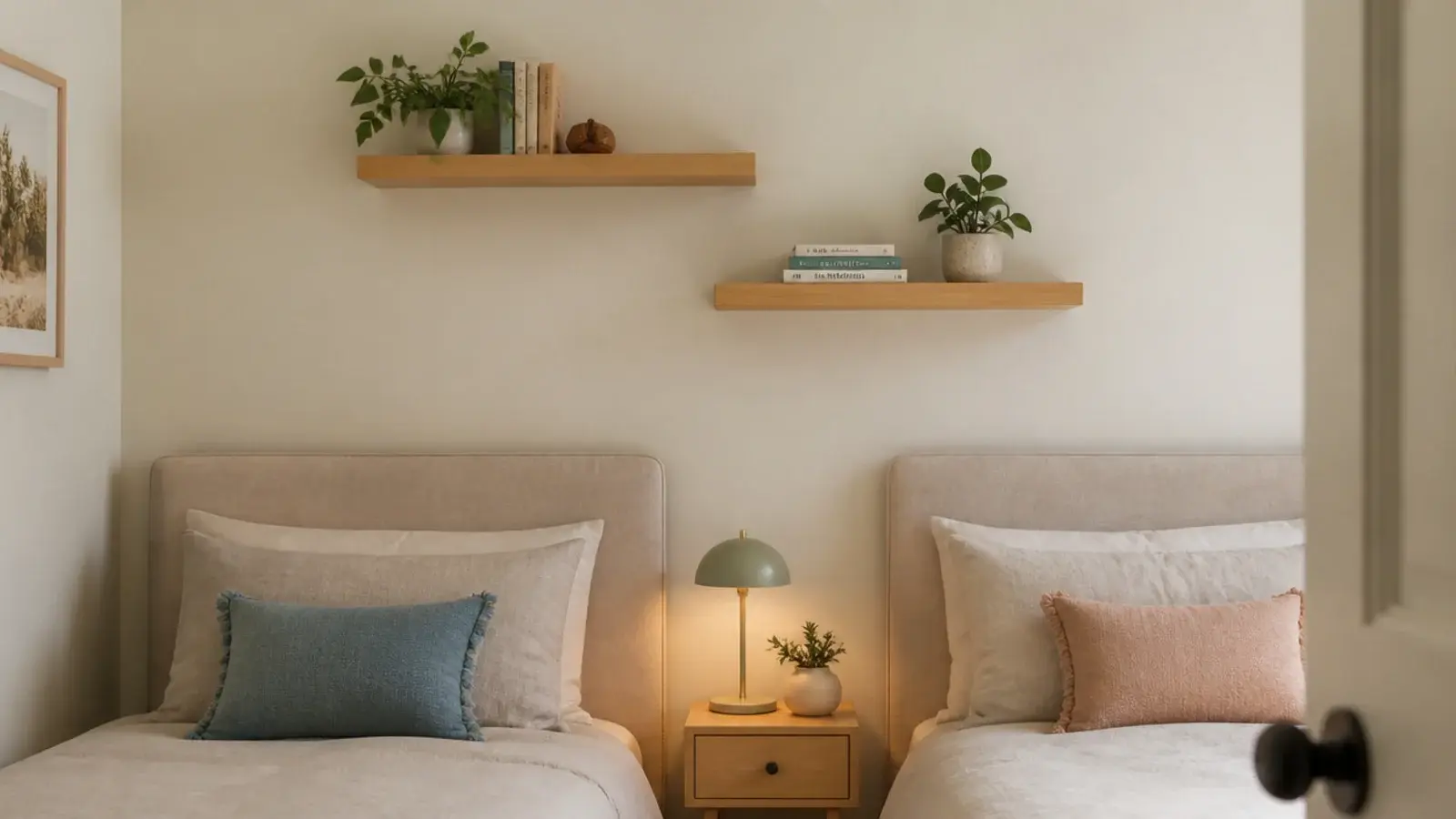 two matching floating shelves at different heights in a shared bedroom
