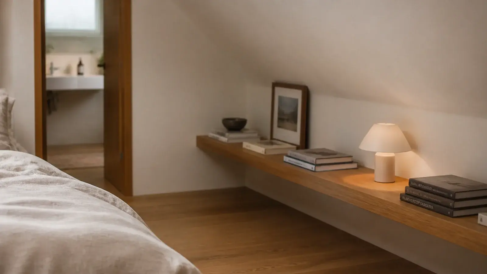 floating shelf fitted on the low knee wall of a sloped attic bedroom