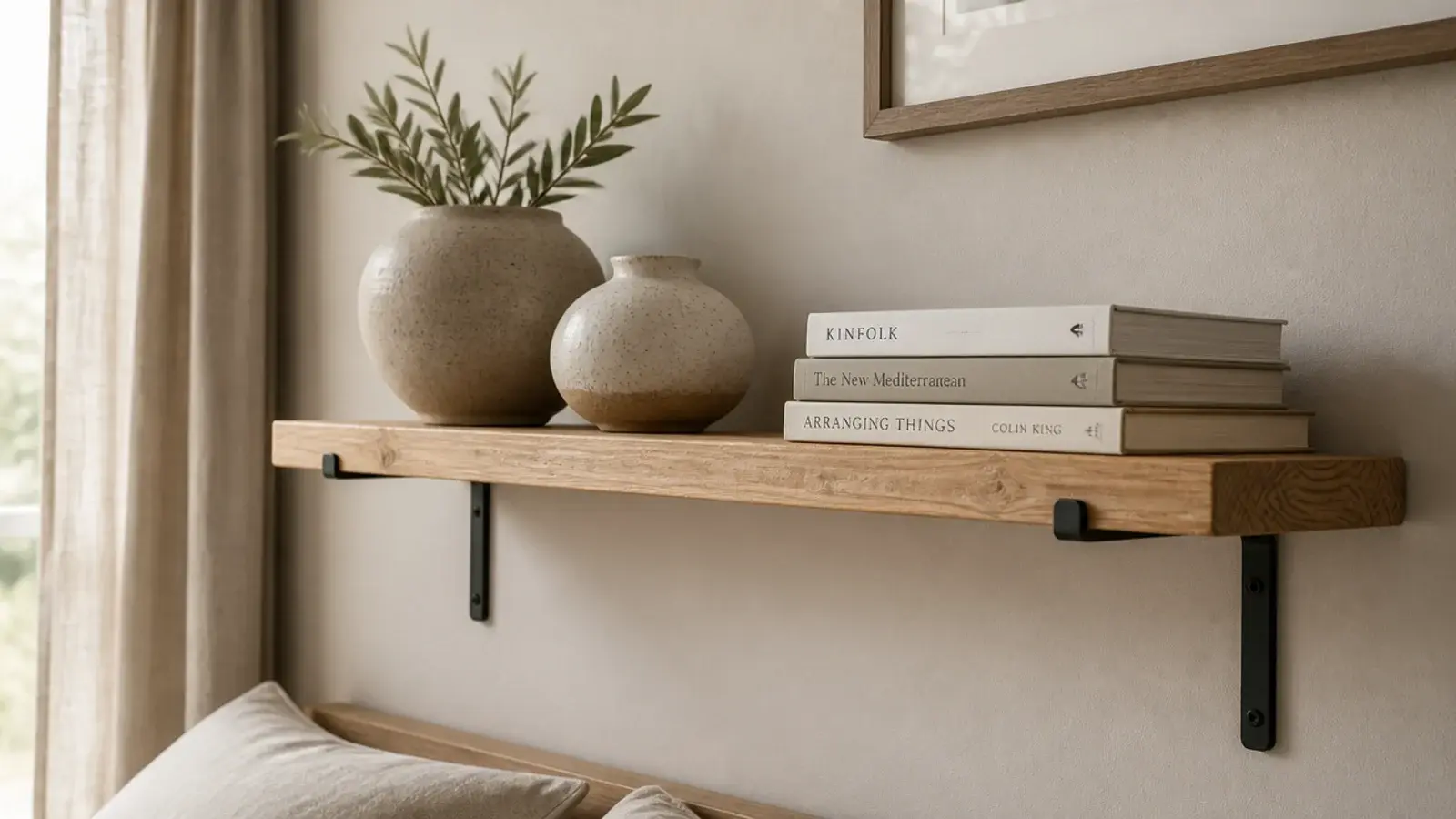 black metal brackets under a pine floating shelf in a plain bedroom