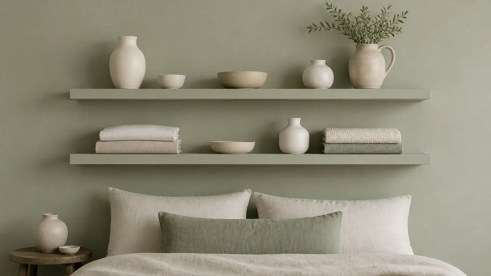 painted pine floating shelves blending into a muted sage bedroom wall
