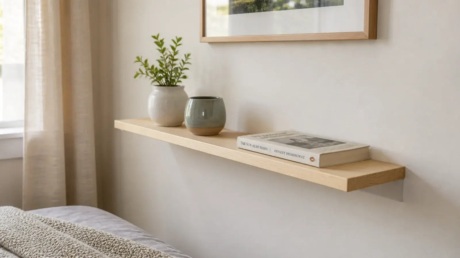 light pine floating shelf held with adhesive strips in a rental bedroom