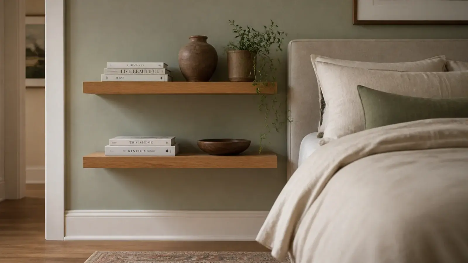 floating shelves in a bedroom above a linen bed holding books and pottery