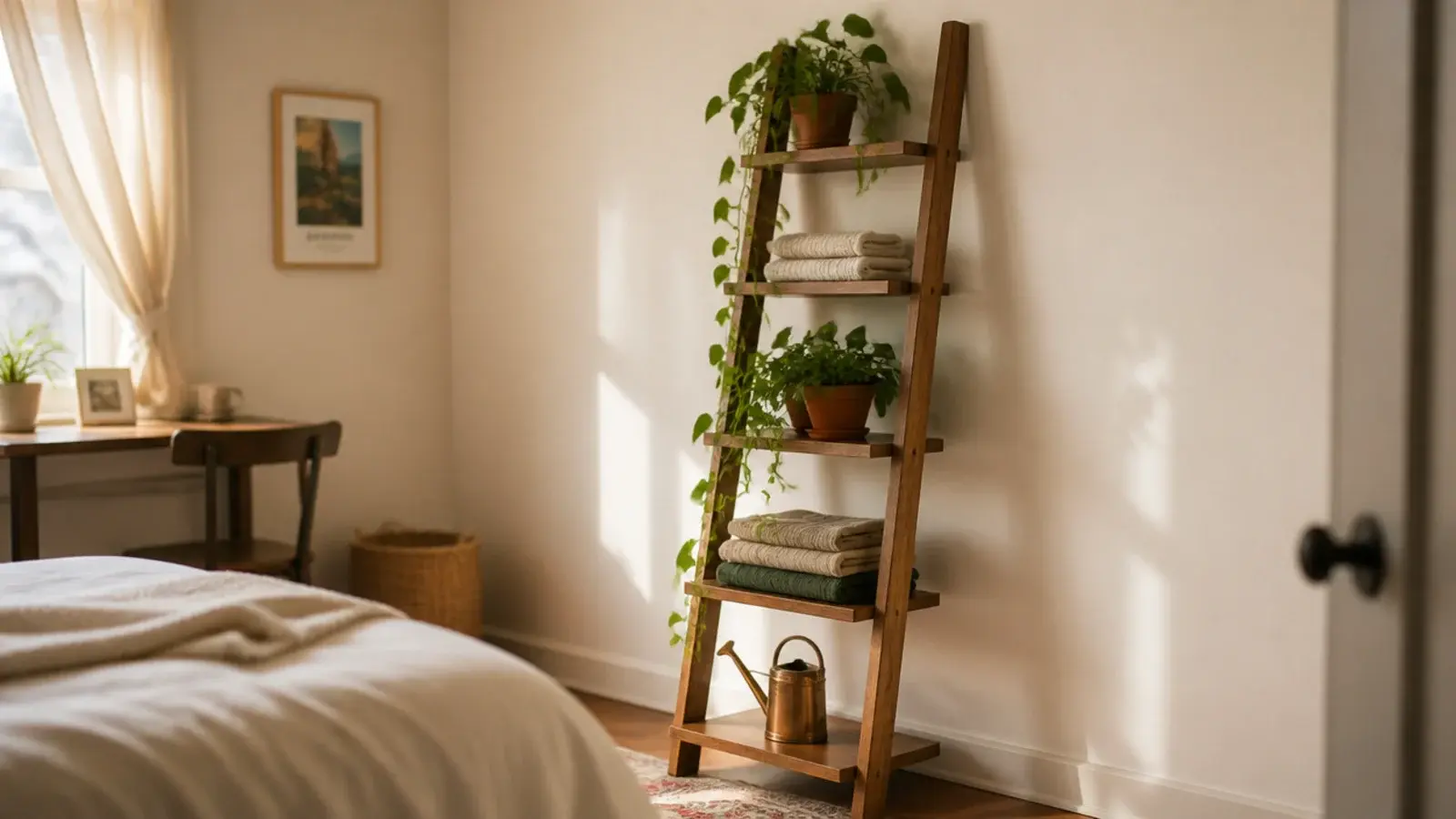 leaning wooden ladder shelf against a rental wall holding plants and books