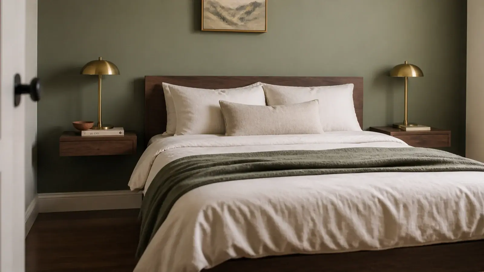 slim floating shelves beside a bed replacing bulky bedside nightstands