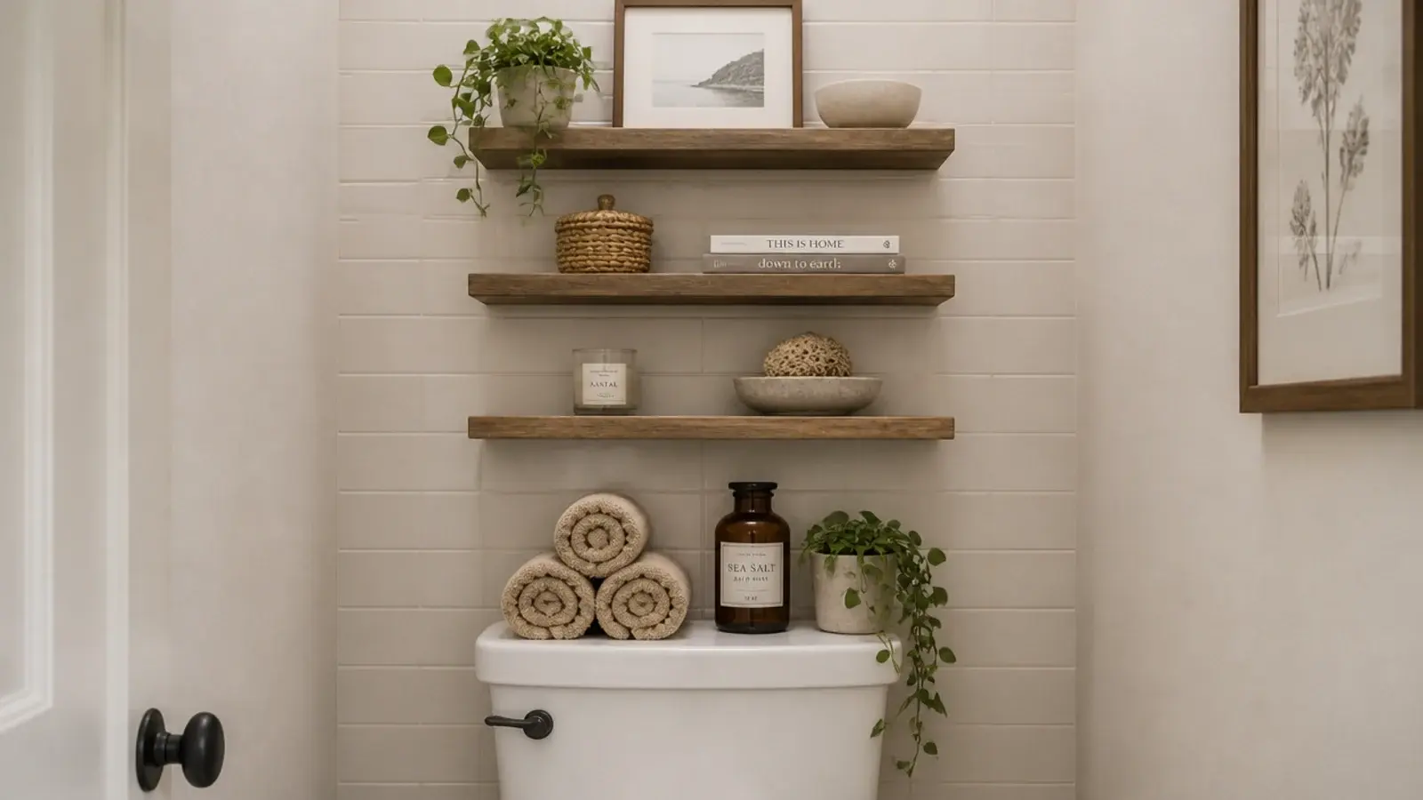 three narrow shelves fitted above a toilet holding towels and bottles
