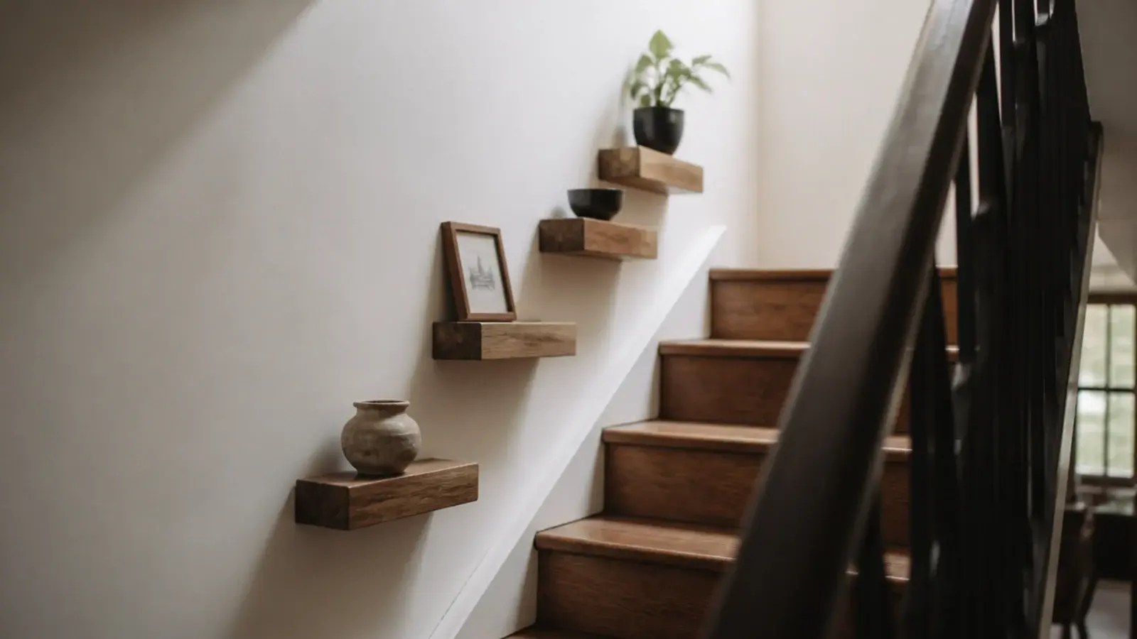 stepped wooden shelves climbing a stairwell wall above the tread line