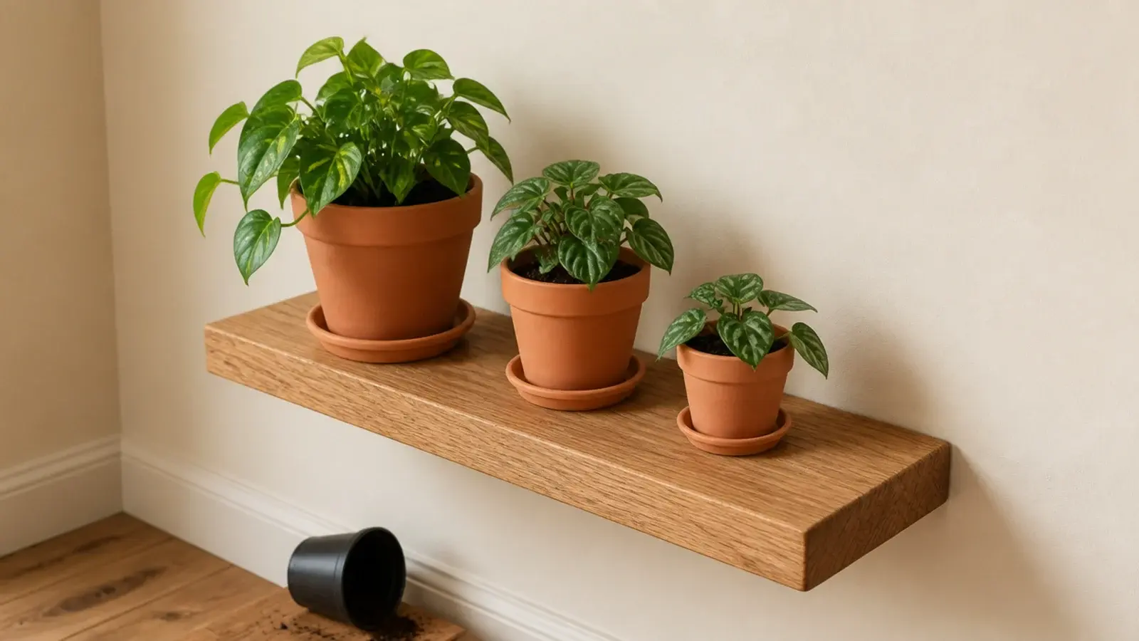 plants repotted from black plastic into plain terracotta on a shelf