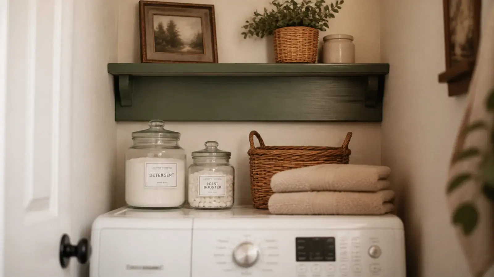 painted shelf above a washing machine holding jars baskets and linens