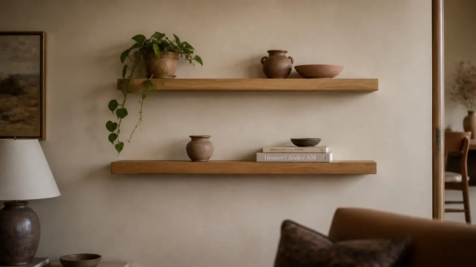 floating shelves before and after showing a cluttered wall restyled calmly