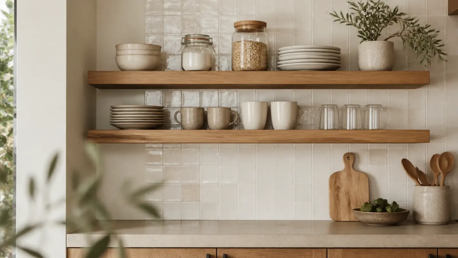 warm oak floating shelves in a kitchen holding stoneware plates and jars