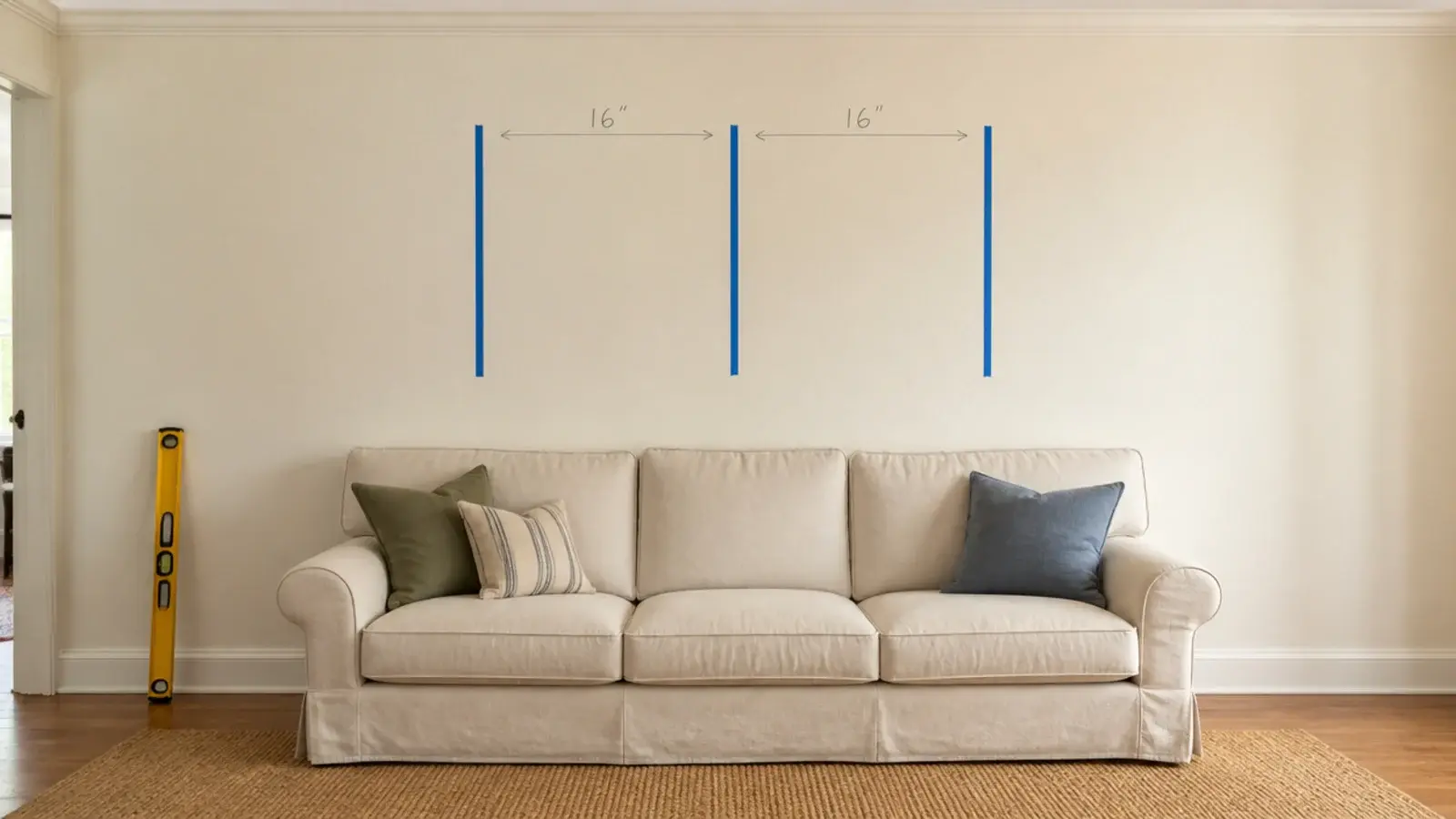 bare living room wall marked with tape before floating shelves go up