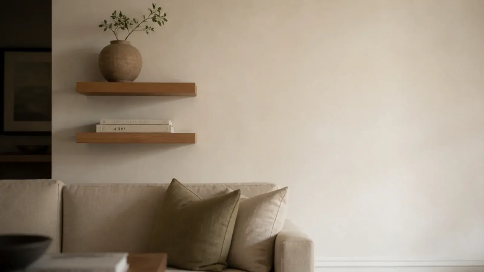 pair of short floating shelves stacked above one end of a sofa
