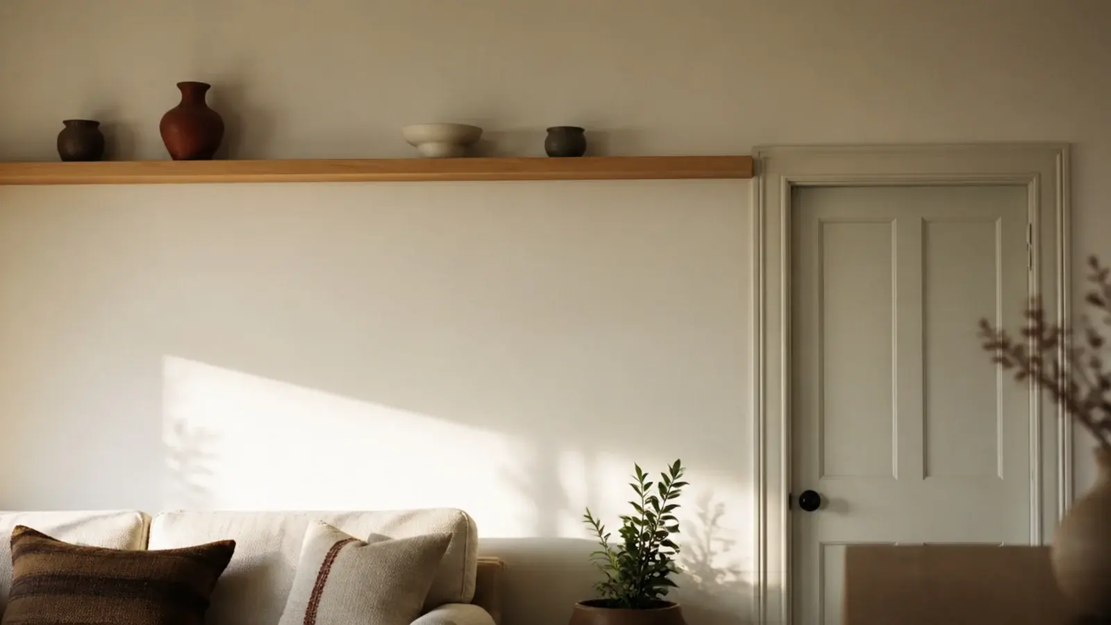 floating shelf aligned exactly with the top of a door casing