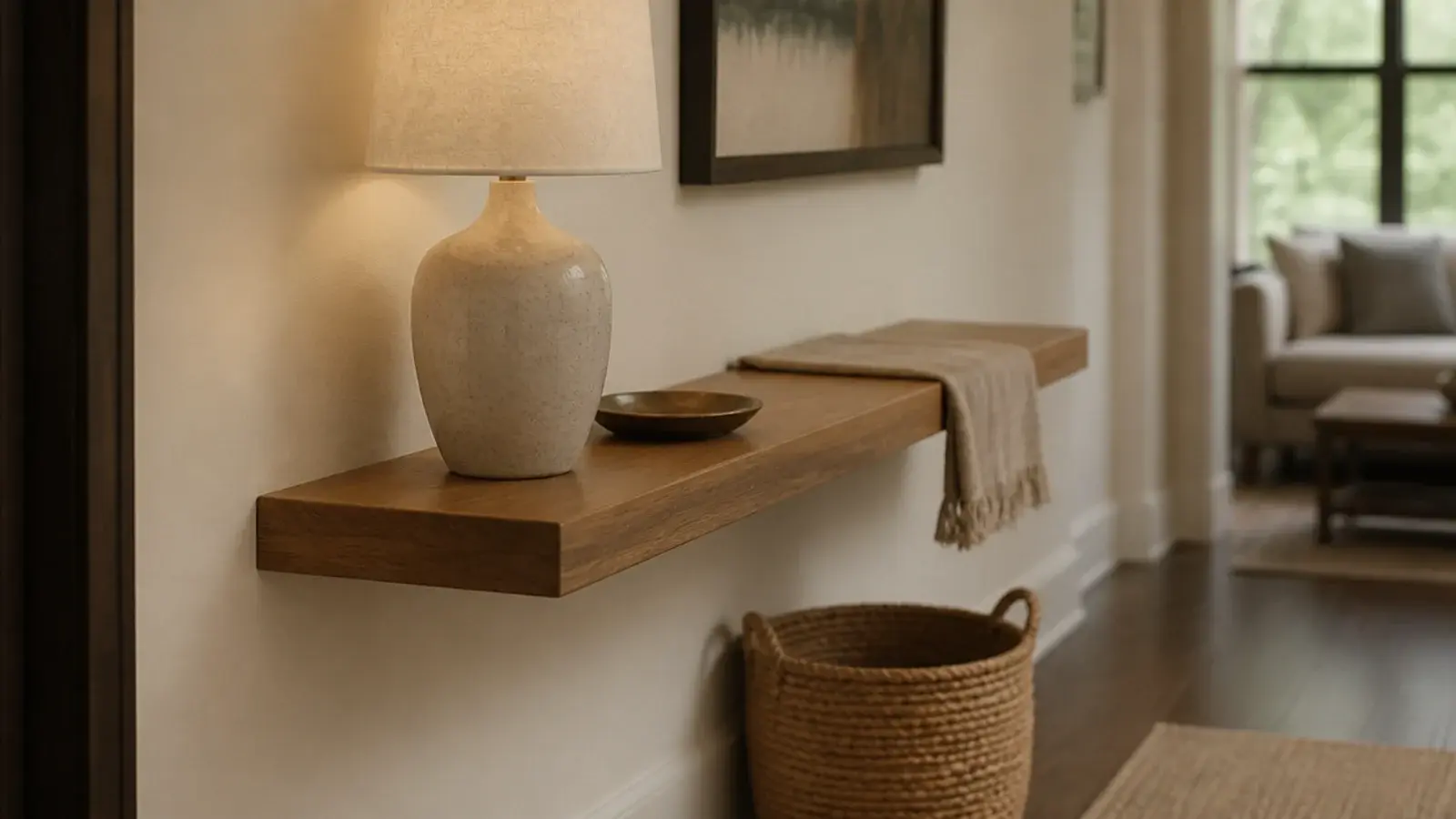 slim floating shelf used as a console at table height in a living room