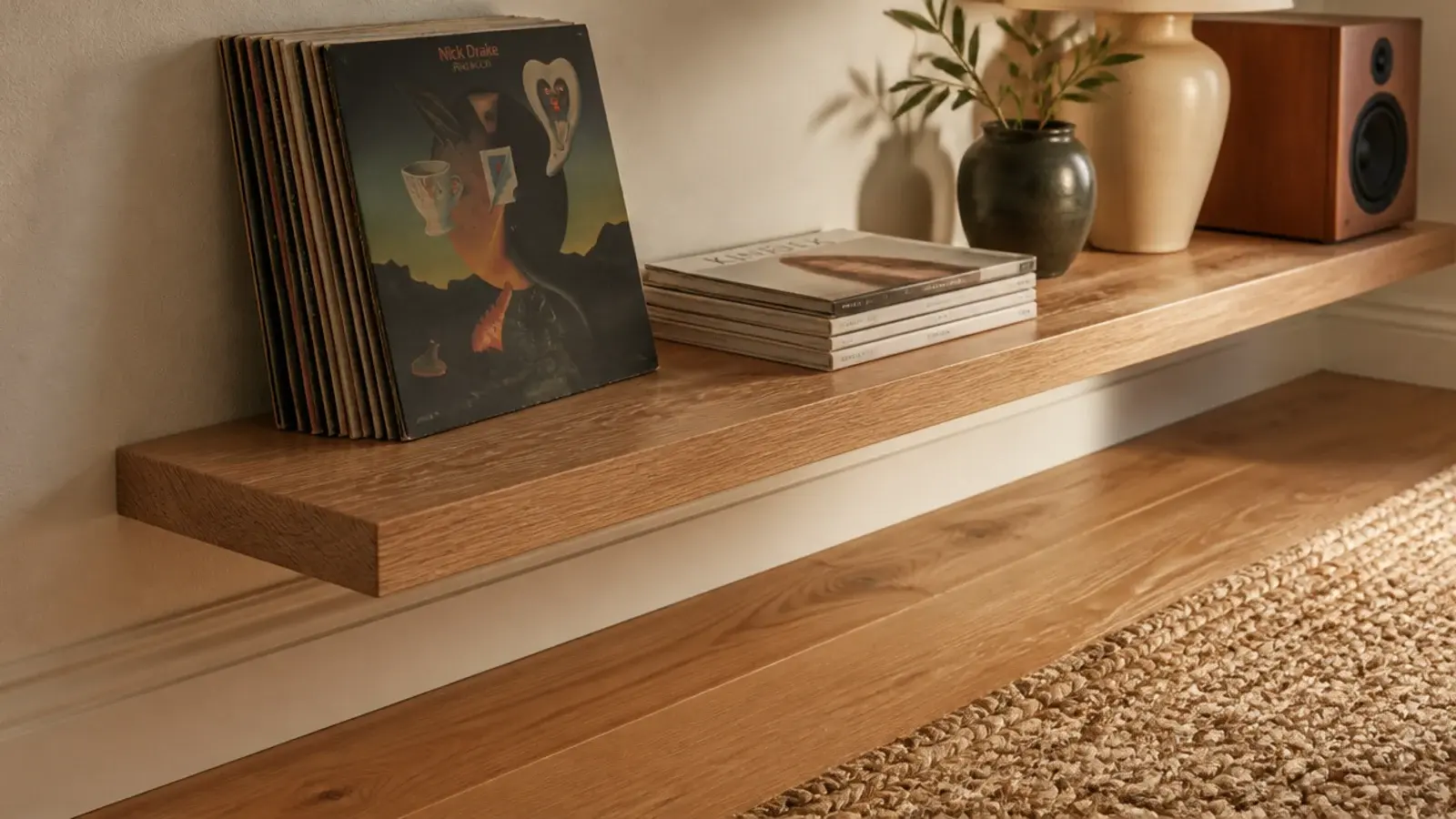 low floating ledge above a baseboard holding records and magazines