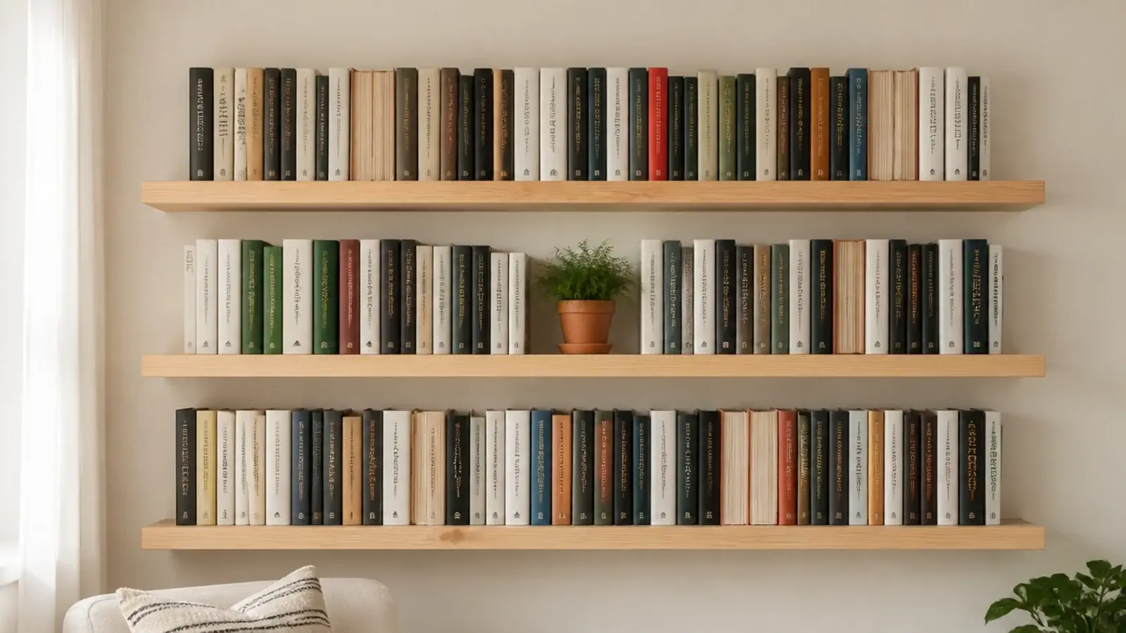 three floating shelves filled with books forming a small library wall