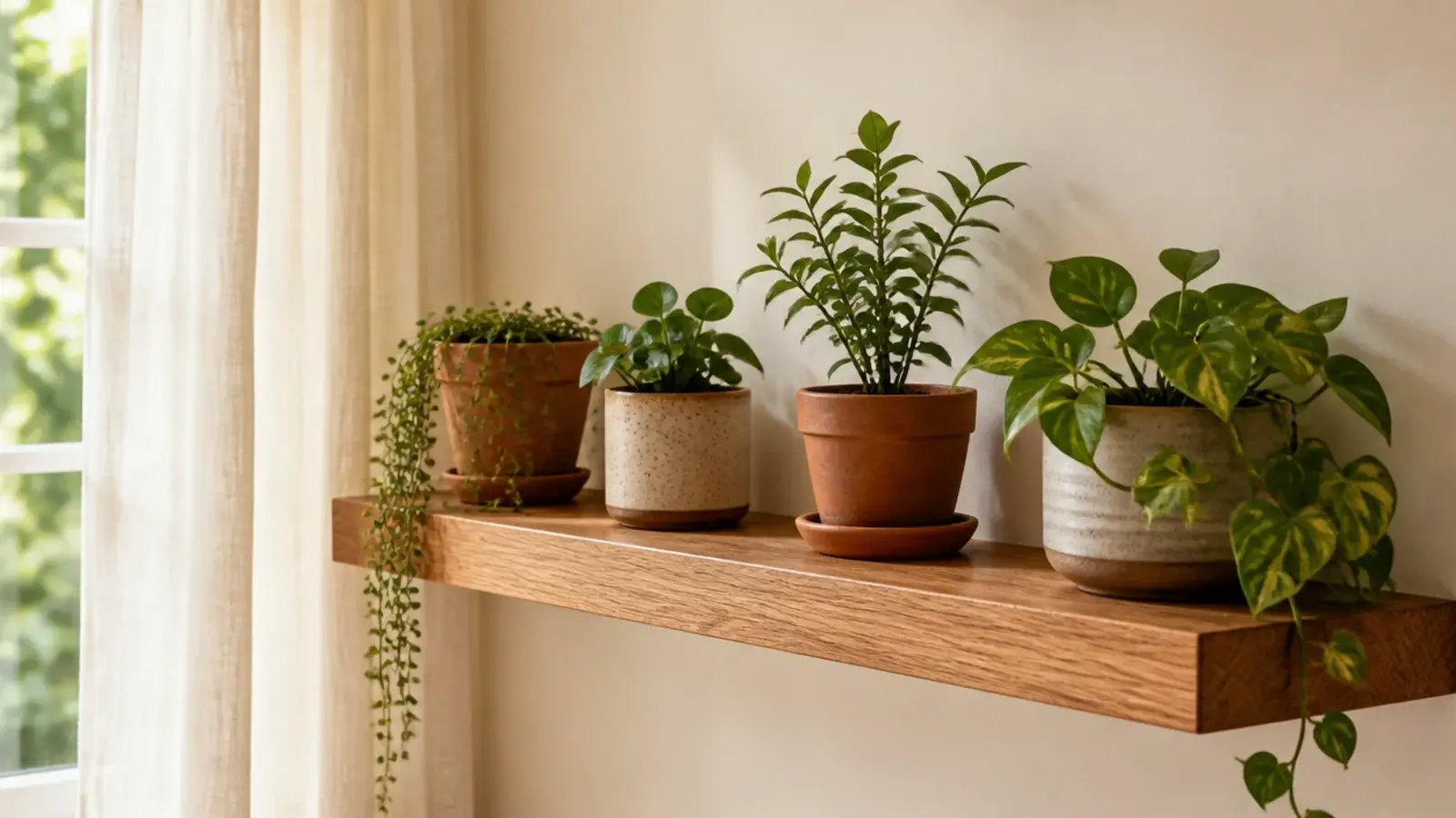 floating shelf of small potted plants in bright living room light