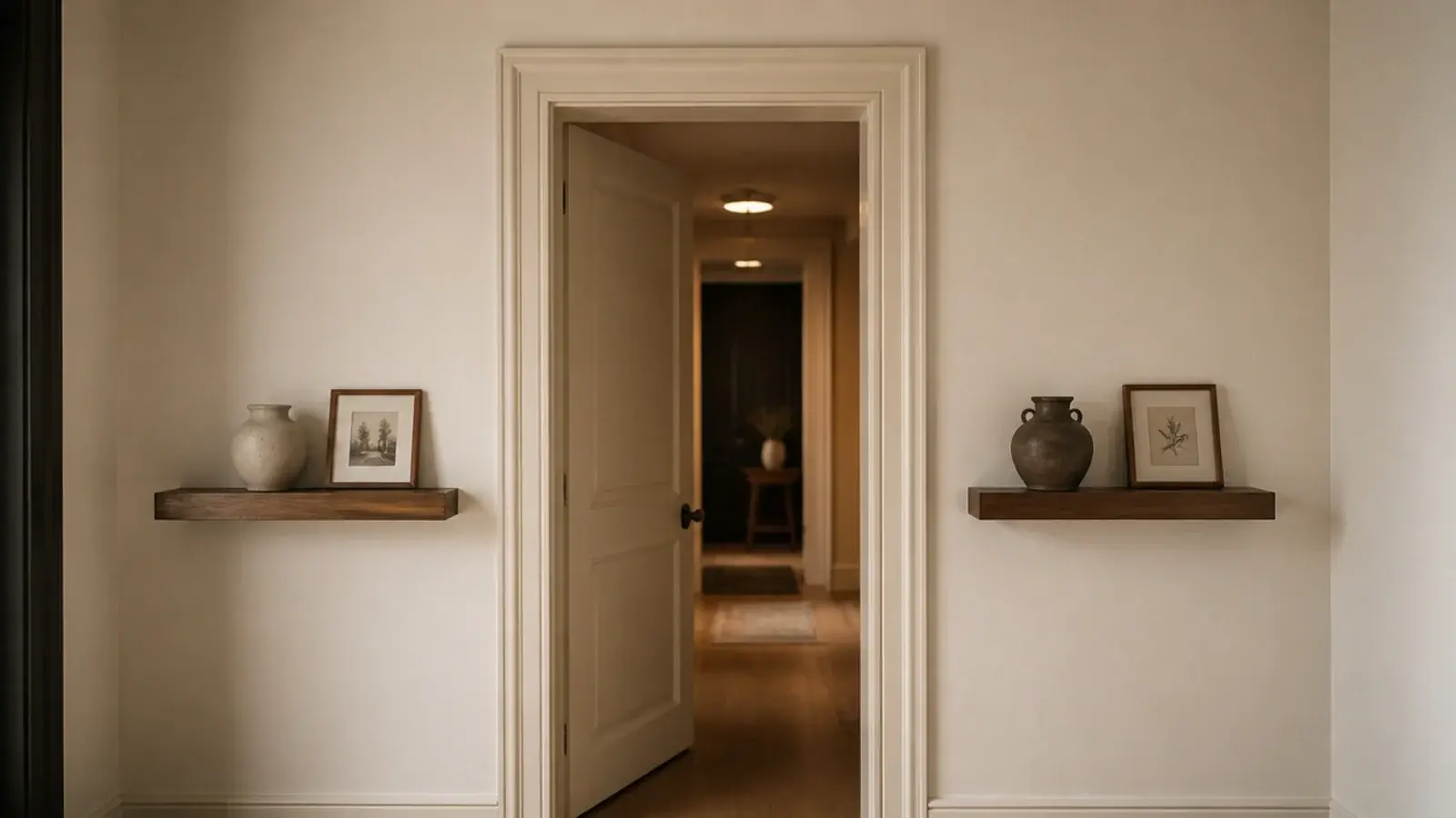 matching floating shelves mounted on both sides of a living room doorway