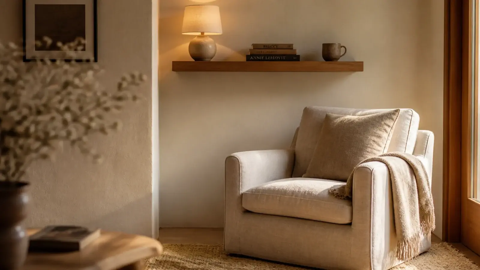 floating shelf mounted above a reading armchair with a lamp and books