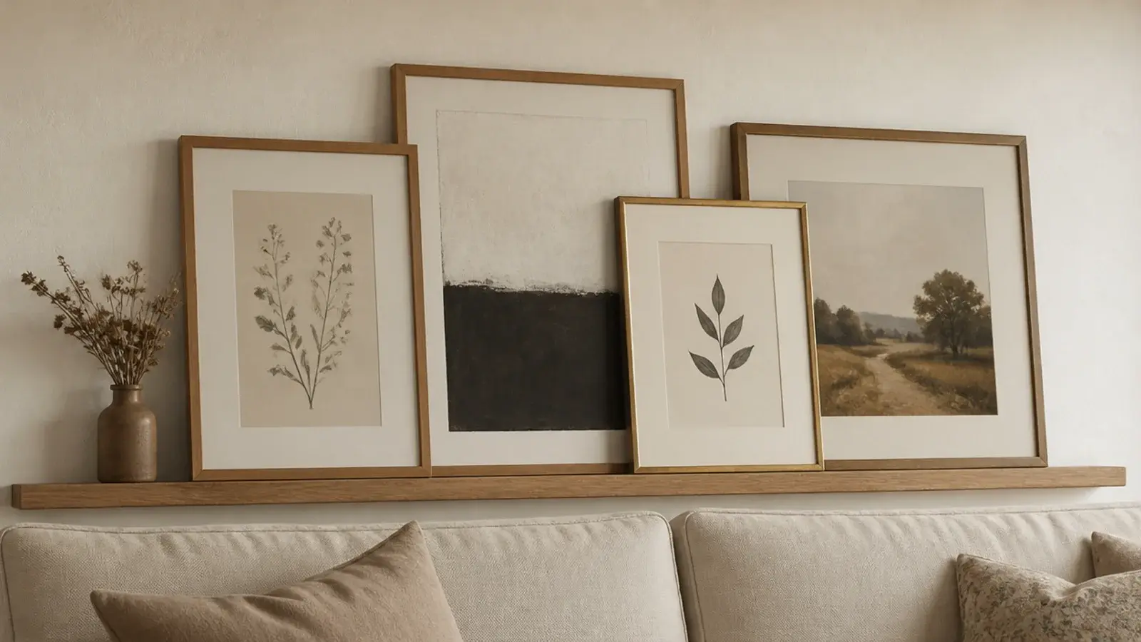 floating gallery ledge with overlapping leaning prints above a sofa