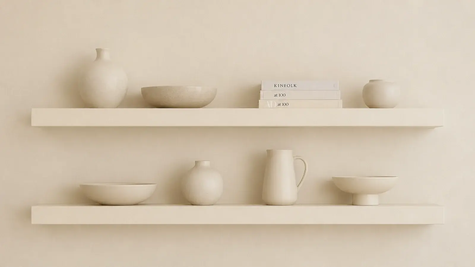 cream painted floating shelves blending into a cream living room wall