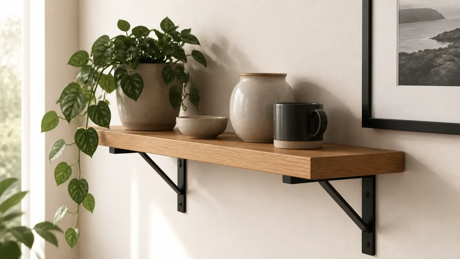 black metal brackets left exposed under oak floating living room shelves